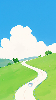 JPG 도로 하늘색 일러스트 하늘 경사 초원 사람없음 연두색 여름휴가 맑음 여름풍경 커브길 시원함 뭉게구름 지평선 산맥 국내일러스트 AI일러스트 AI콘텐츠 길 교통시설 날씨 휴가 산 풍경 초록색 파란색 파일형식 구름_자연 여름_계절