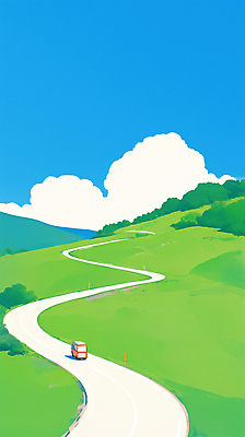 JPG 도로 하늘색 일러스트 하늘 경사 초원 사람없음 연두색 여름휴가 맑음 여름풍경 커브길 시원함 뭉게구름 지평선 이층버스 국내일러스트 AI일러스트 AI콘텐츠 길 교통시설 날씨 휴가 버스 풍경 초록색 파란색 파일형식 구름_자연 여름_계절