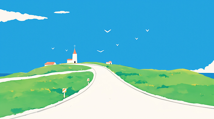 JPG 구름 도로 하늘색 일러스트 갈매기 하늘 주택 경사 초원 사람없음 여름휴가 교회 맑음 여름풍경 시원함 언덕 지평선 국내일러스트 AI일러스트 AI콘텐츠 자연요소 길 종교건축 교통시설 조류 날씨 휴가 풍경 건물 파란색 파일형식 여름_계절