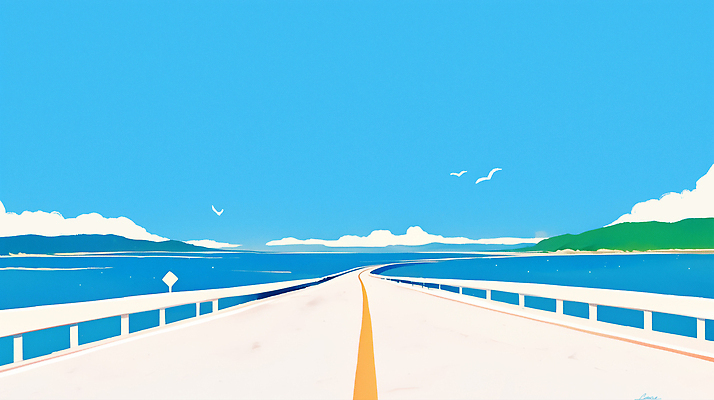 JPG 구름 바다 섬 하늘색 일러스트 갈매기 하늘 사람없음 여름휴가 맑음 여름풍경 시원함 해안도로 안전펜스 수평선 국내일러스트 AI일러스트 AI콘텐츠 자연요소 도로 조류 날씨 휴가 풍경 파란색 울타리 파일형식 여름_계절
