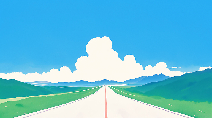 JPG 하늘색 일러스트 하늘 초원 사람없음 여름휴가 맑음 여름풍경 고속도로 시원함 뭉게구름 지평선 산맥 국내일러스트 AI일러스트 AI콘텐츠 도로 날씨 휴가 산 풍경 파란색 파일형식 구름_자연 여름_계절