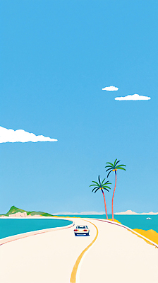 JPG 구름 바다 섬 하늘색 일러스트 자동차 하늘 사람없음 여름휴가 야자수 맑음 여름풍경 시원함 해안도로 수평선 국내일러스트 AI일러스트 AI콘텐츠 자연요소 나무 도로 육상교통 날씨 휴가 풍경 파란색 파일형식 여름_계절