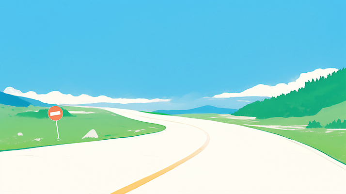 JPG 구름 도로 하늘색 일러스트 하늘 초원 사람없음 여름휴가 맑음 여름풍경 표지판 커브길 시원함 지평선 진입금지 산맥 국내일러스트 AI일러스트 AI콘텐츠 자연요소 길 교통시설 날씨 휴가 산 알림판 풍경 파란색 금지 파일형식 여름_계절