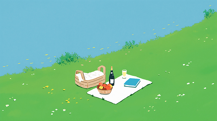 JPG 하늘색 일러스트 잔디 사람없음 책 컵 연두색 소풍 여름풍경 강가 와인병 돗자리 과일바구니 소풍바구니 국내일러스트 AI일러스트 AI콘텐츠 식물 식기 과일 병_용기 풍경 초록색 파란색 강 야외활동 바구니 와인 파일형식 여름_계절
