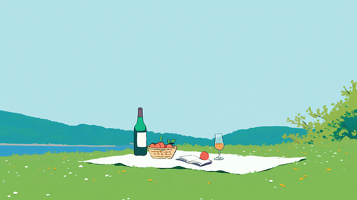 JPG 하늘색 와인잔 일러스트 잔디 사람없음 책 소풍 여름풍경 풀 강가 와인병 돗자리 과일바구니 국내일러스트 AI일러스트 AI콘텐츠 식물 술잔 과일 병_용기 풍경 파란색 강 야외활동 바구니 와인 파일형식 여름_계절
