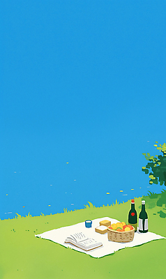 JPG 하늘색 일러스트 잔디 사람없음 책 컵 소풍 여름풍경 풀 강가 식빵 와인병 돗자리 과일바구니 국내일러스트 AI일러스트 AI콘텐츠 식물 식기 빵 과일 병_용기 풍경 파란색 강 야외활동 바구니 와인 파일형식 여름_계절
