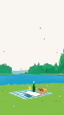 JPG 호수 와인잔 일러스트 잔디 사람없음 책 연두색 소풍 여름풍경 풀 강가 와인병 돗자리 베이지색 소풍바구니 국내일러스트 AI일러스트 AI콘텐츠 식물 컬러 술잔 병_용기 풍경 초록색 강 야외활동 바구니 와인 파일형식 여름_계절