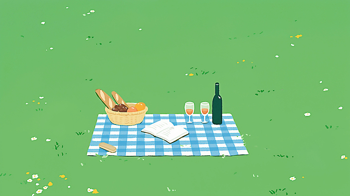 JPG 와인잔 일러스트 잔디 사람없음 책 연두색 소풍 여름풍경 바게트 와인병 돗자리 체크무늬 소풍바구니 국내일러스트 AI일러스트 AI콘텐츠 식물 빵 무늬 술잔 병_용기 풍경 초록색 야외활동 바구니 와인 파일형식 여름_계절