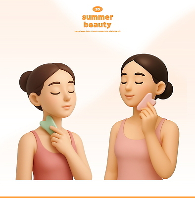 PSD 무료이미지 편집이미지 여자 3D캐릭터 미소 들기 상반신 성인 두명 여름 3D 눈감음 피부관리 스킨케어 브이라인 살구색 성인여자만 문지르기 괄사 편집3D 캐릭터 계절 컬러 모션 표정 사람 뷰티 디지털합성 여자만 성인만 파일형식