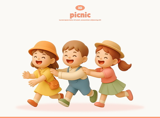 전신 PSD 편집이미지 여자 남자 어린이 3D캐릭터 웃음 소녀 소년 세명 달리기 3D 체험학습 즐거움 크로스백 기차놀이 벙거지모자 봄소풍 챙모자 어린이만 어깨에손 편집3D 캐릭터 모자_잡화 감정 가방 모션 놀이 표정 사람 소풍 봄 체험 디지털합성 파일형식