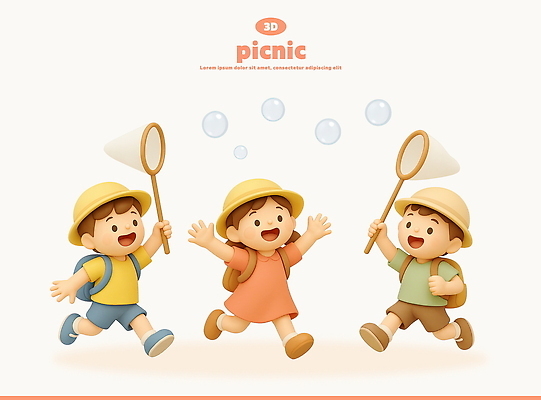 전신 PSD 편집이미지 여자 남자 어린이 책가방 3D캐릭터 웃음 들기 소녀 소년 세명 달리기 3D 손들기 잡기 체험학습 비눗방울 즐거움 채집망 봄소풍 챙모자 어린이만 편집3D 캐릭터 모자_잡화 감정 가방 모션 표정 사람 소풍 봄 체험 디지털합성 파일형식