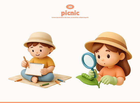 전신 PSD 편집이미지 여자 남자 어린이 장갑 잎 돋보기 색연필 3D캐릭터 웃음 들기 소녀 소년 상반신 두명 3D 관찰 체험학습 그리기 스케치북 즐거움 돗자리 가부좌 애벌레 봄소풍 챙모자 어린이만 편집3D 식물 캐릭터 모자_잡화 잡화 감정 모션 학용품 표정 사람 앉기 소풍 봄 체험 벌레 디지털합성 파일형식