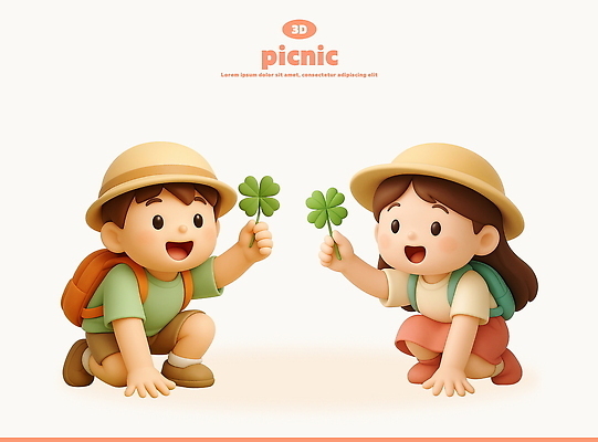 전신 PSD 편집이미지 여자 남자 어린이 책가방 3D캐릭터 웃음 들기 소녀 소년 두명 3D 체험학습 네잎클로버 즐거움 웅크림 봄소풍 찾기 챙모자 손짚기 어린이만 편집3D 식물 캐릭터 모자_잡화 감정 가방 모션 표정 사람 손짓 소풍 봄 체험 클로버 디지털합성 파일형식