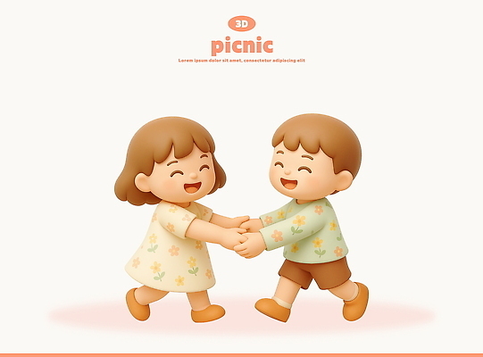 전신 PSD 편집이미지 여자 남자 어린이 3D캐릭터 웃음 소녀 소년 두명 3D 손잡기 체험학습 즐거움 돌리기 봄소풍 어린이만 편집3D 캐릭터 감정 모션 표정 사람 소풍 봄 체험 디지털합성 파일형식