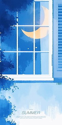 PSD 일러스트 창문 밤하늘 나뭇잎 수채화 사람없음 파란색 분위기 초승달 달빛 창가 감성 창밖 여름밤 국내일러스트 컬러 컨셉 잎 하늘 여름 달 야간 파일형식