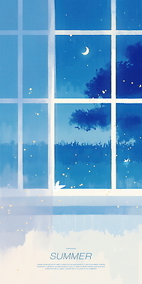 PSD 일러스트 창문 밤하늘 나뭇잎 수채화 사람없음 파란색 커튼 분위기 초승달 달빛 창가 감성 창밖 반딧불이 여름밤 국내일러스트 컬러 곤충 컨셉 잎 하늘 여름 달 야간 파일형식