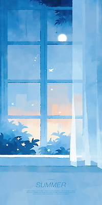 PSD 식물 나비 일러스트 창문 밤하늘 수채화 사람없음 파란색 보름달 커튼 분위기 달빛 창가 감성 창밖 여름밤 국내일러스트 컬러 곤충 컨셉 하늘 여름 달 야간 파일형식