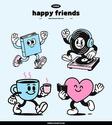 캐릭터 행복 하늘색 스티커 일러스트 의인화 미소 웃음 들기 사람없음 책 친구 세트 손들기 걷기 귀여움 주먹 활발 머그컵 레코드 수증기 읽기 레코드플레이어 무선헤드셋 엘리먼트 키치 국내일러스트 일러캐릭터 AI파일 감정 컨셉 관계 모션 표정 컵 파란색 헤드셋 음반 파일형식 벡터