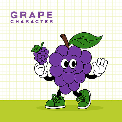 운동화 잎 일러스트 포도 미소 들기 사람없음 여름 귀여움 보라색 손인사 포도캐릭터 일러캐릭터 AI파일 식물 캐릭터 계절 컬러 신발 컨셉 과일 모션 표정 인사 파일형식 벡터