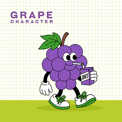 운동화 잎 일러스트 포도 빨대 미소 들기 사람없음 여름 걷기 귀여움 보라색 주스 마시기 팩음료 포도캐릭터 일러캐릭터 AI파일 식물 캐릭터 계절 음료 컬러 신발 컨셉 과일 모션 표정 파일형식 벡터