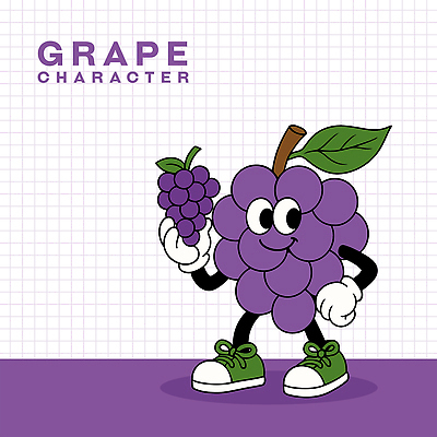 허리손 운동화 잎 일러스트 포도 미소 들기 사람없음 여름 귀여움 보라색 포도캐릭터 일러캐릭터 AI파일 식물 캐릭터 계절 컬러 포즈 신발 컨셉 과일 모션 표정 파일형식 벡터