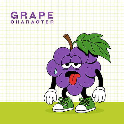 운동화 잎 일러스트 포도 피곤 사람없음 여름 귀여움 보라색 더위 메롱 힘듦 포도캐릭터 땀흘리기 일러캐릭터 AI파일 식물 캐릭터 계절 컬러 신발 컨셉 과일 모션 날씨 파일형식 벡터