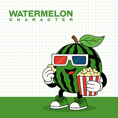 운동화 잎 일러스트 수박 미소 들기 사람없음 초록색 여름 귀여움 먹기 팝콘 3D안경 수박캐릭터 영화감상 일러캐릭터 AI파일 식물 캐릭터 계절 안경 컬러 신발 컨셉 과일 모션 표정 감상 영화 파일형식 벡터