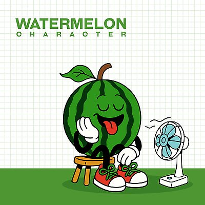 운동화 잎 일러스트 바람 수박 미소 앉기 사람없음 초록색 여름 귀여움 눈감음 선풍기 시원함 메롱 수박캐릭터 스툴 일러캐릭터 AI파일 자연요소 식물 캐릭터 계절 컬러 신발 컨셉 의자 과일 모션 날씨 표정 가전제품 파일형식 벡터