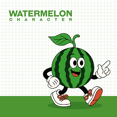 허리손 운동화 잎 일러스트 수박 미소 사람없음 초록색 여름 걷기 귀여움 가리킴 수박캐릭터 일러캐릭터 AI파일 식물 캐릭터 계절 컬러 포즈 신발 컨셉 과일 모션 표정 손짓 파일형식 벡터