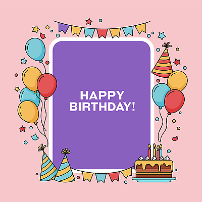 분홍색 일러스트 촛불 프레임 사람없음 고깔모자 생일케이크 꽃가루 생일축하 풍선 생일초 가랜드 해피버스데이 카피스페이스 국내일러스트 AI파일 모자_잡화 컬러 초 케이크 공백 축하 생일 가루 파티용품 파일형식 벡터