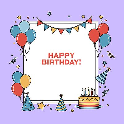 일러스트 촛불 프레임 사람없음 고깔모자 생일케이크 꽃가루 생일축하 풍선 연보라색 생일초 가랜드 해피버스데이 카피스페이스 국내일러스트 AI파일 모자_잡화 초 케이크 보라색 공백 축하 생일 가루 파티용품 파일형식 벡터