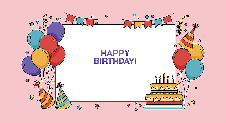 분홍색 일러스트 촛불 프레임 사람없음 고깔모자 생일케이크 꽃가루 생일축하 풍선 생일초 가랜드 해피버스데이 카피스페이스 2단케이크 국내일러스트 AI파일 모자_잡화 컬러 초 케이크 공백 축하 생일 가루 파티용품 파일형식 벡터