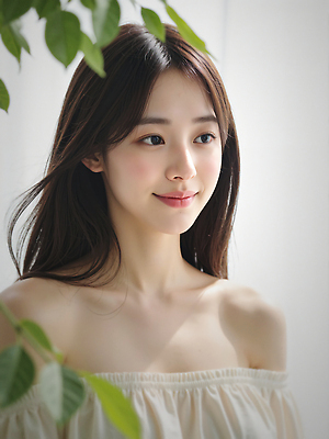 JPG 편집이미지 응시 여자 잎 한명 미소 상반신 성인 햇빛 뷰티 뷰티풀 청순 의료성형뷰티 성인여자한명만 편집실사 오프숄더 AI인물포토 AI콘텐츠 식물 1 시선 컨셉 상의 표정 사람 태양 CG 여자한명만 성인여자만 파일형식 AI포토
