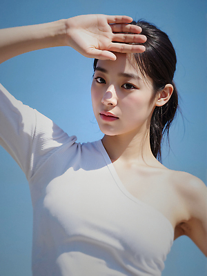 JPG 편집이미지 여자 하늘색 하늘 한명 상반신 성인 야외 여름 햇빛 뷰티 손들기 가림 눈부심 얼굴가리기 묶은머리 의료성형뷰티 성인여자한명만 청량 편집실사 AI인물포토 AI콘텐츠 1 헤어스타일 계절 모션 사람 파란색 태양 CG 여자한명만 성인여자만 파일형식 AI포토