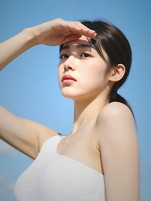 JPG 편집이미지 여자 하늘색 하늘 한명 상반신 성인 야외 여름 민소매 햇빛 뷰티 손들기 가림 눈부심 얼굴가리기 묶은머리 의료성형뷰티 성인여자한명만 청량 편집실사 AI인물포토 AI콘텐츠 1 헤어스타일 계절 상의 모션 사람 파란색 태양 CG 여자한명만 성인여자만 파일형식 AI포토