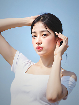 JPG 편집이미지 여자 하늘색 하늘 한명 상반신 성인 야외 여름 햇빛 뷰티 손들기 묶은머리 의료성형뷰티 성인여자한명만 청량 편집실사 AI인물포토 AI콘텐츠 1 헤어스타일 계절 모션 사람 파란색 태양 CG 여자한명만 성인여자만 파일형식 AI포토