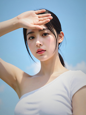 JPG 구름 편집이미지 여자 하늘색 하늘 한명 상반신 성인 야외 여름 햇빛 뷰티 손들기 가림 눈부심 얼굴가리기 묶은머리 의료성형뷰티 성인여자한명만 청량 편집실사 AI인물포토 AI콘텐츠 자연요소 1 헤어스타일 계절 모션 사람 파란색 태양 CG 여자한명만 성인여자만 파일형식 AI포토