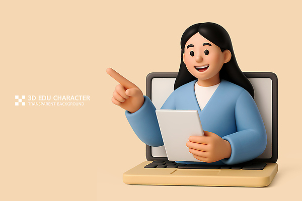 PSD 편집이미지 여자 교육 종이 3D캐릭터 한명 미소 들기 상반신 성인 노트북 3D 강사 교사 가리킴 문서 살구색 온라인강의 성인여자한명만 편집3D 직업 캐릭터 1 컬러 모션 표정 사람 손짓 전자제품 강의 디지털합성 여자한명만 성인여자만 파일형식 언택트