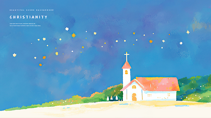 PSD 편집이미지 기독교 꽃밭 밤하늘 수채화 잔디 사람없음 교회 이미지편집 식물 꽃 종교 종교건축 하늘 건물 야간 파일형식