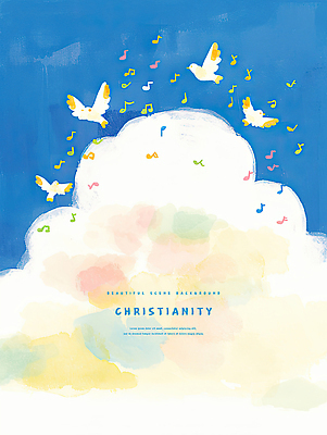 PSD 구름 편집이미지 기독교 음표 하늘 수채화 사람없음 새떼 이미지편집 자연요소 기호 종교 음악 조류 파일형식