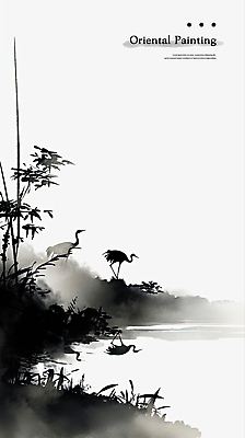 PSD 호수 백그라운드 일러스트 붓터치 나뭇잎 흑백 수묵화 잔디 사람없음 반사 학 먹 동양화 번짐 국내일러스트 식물 잎 조류 서예 촬영기법 미술 파일형식 효과