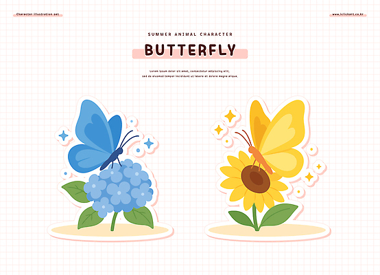 나비 잎 일러스트 해바라기 사람없음 파란색 반짝임 노란색 곤충캐릭터 수국 일러캐릭터 AI파일 식물 캐릭터 꽃 컬러 곤충 모션 파일형식 벡터