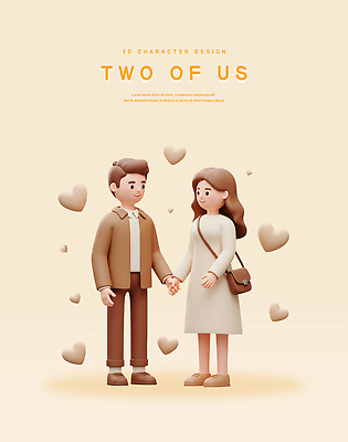 전신 PSD 편집이미지 커플 여자 남자 행복 가방 데이트 사랑 미소 성인 두명 3D 손잡기 하트 베이지색 성인만 편집3D 모양 잡화 감정 컬러 관계 모션 표정 사람 디지털합성 파일형식