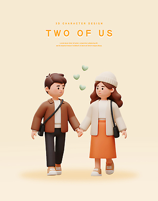 전신 PSD 편집이미지 모자 커플 여자 남자 행복 가방 데이트 사랑 미소 성인 두명 3D 걷기 손잡기 하트 베이지색 성인만 편집3D 모양 잡화 감정 컬러 관계 모션 표정 사람 디지털합성 파일형식