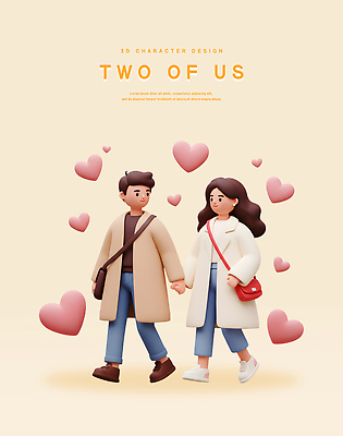 전신 PSD 편집이미지 커플 여자 남자 행복 가방 데이트 사랑 미소 성인 두명 3D 걷기 손잡기 하트 베이지색 성인만 편집3D 모양 잡화 감정 컬러 관계 모션 표정 사람 디지털합성 파일형식