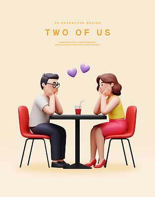전신 PSD 편집이미지 커플 여자 남자 행복 의자 데이트 탁자 잔 사랑 미소 성인 두명 3D 마주보기 턱괴기 하트 마주앉기 베이지색 성인만 안경낌 편집3D 모양 식기 감정 안경 컬러 가구 관계 모션 표정 사람 앉기 디지털합성 파일형식