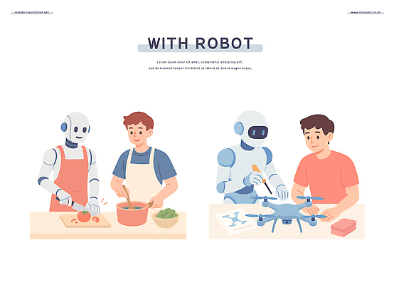 그릇 남자 토마토 일러스트 탁자 도마 요리 들기 상반신 성인 두명 일상 앞치마 잡기 드라이버 칼 냄비 자르기 조립 드론 성인남자만 휴머노이드 젓기 국내일러스트 AI파일 식기 가구 채소 모션 주방용품 사람 라이프 공구 솥 로봇 남자만 성인만 파일형식 벡터