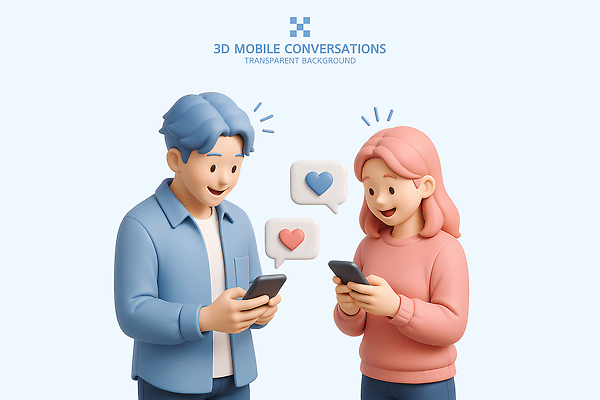 PSD 편집이미지 여자 남자 하늘색 말풍선 모바일 대화 미소 들기 상반신 성인 두명 스마트폰 하트 문자메시지 성인만 편집3D 모양 모션 표정 말하기 사람 파란색 핸드폰 스마트기기 3D 메시지 파일형식