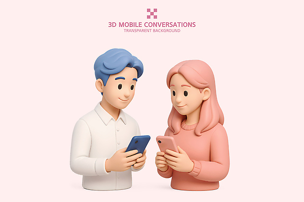 PSD 편집이미지 여자 남자 분홍색 모바일 대화 미소 들기 상반신 성인 두명 스마트폰 문자메시지 성인만 편집3D 컬러 모션 표정 말하기 사람 핸드폰 스마트기기 3D 메시지 파일형식