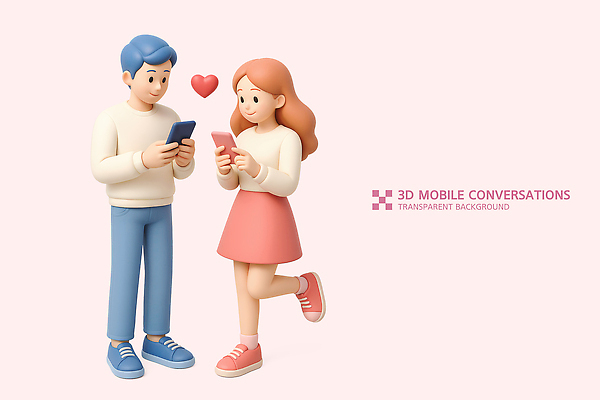 전신 PSD 편집이미지 여자 남자 분홍색 모바일 대화 미소 들기 성인 두명 스마트폰 하트 다리들기 문자메시지 성인만 편집3D 모양 컬러 모션 표정 말하기 사람 핸드폰 스마트기기 3D 메시지 파일형식